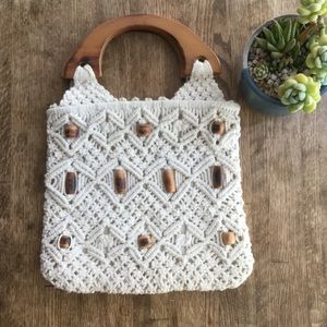 Vintage 70’s macrame handbag with wooden handles